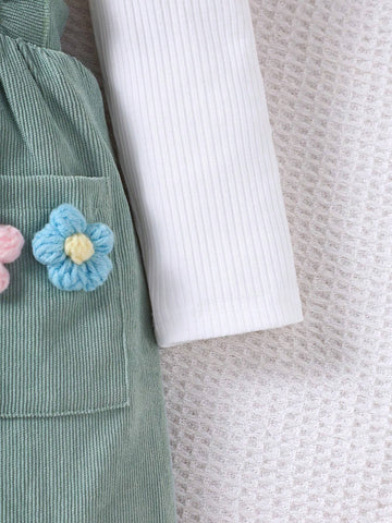 Young Girls 2pcs Set Knitted Long Sleeve Top & Corduroy Flower Pinafore Dress Casual Outfit, Autumn/Winter