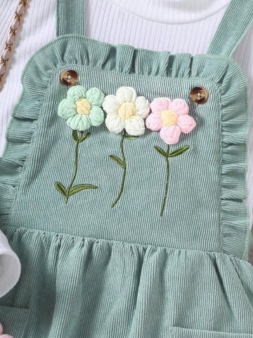 Young Girls 2pcs Set Knitted Long Sleeve Top & Corduroy Flower Pinafore Dress Casual Outfit, Autumn/Winter