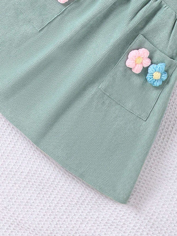 Young Girls 2pcs Set Knitted Long Sleeve Top & Corduroy Flower Pinafore Dress Casual Outfit, Autumn/Winter