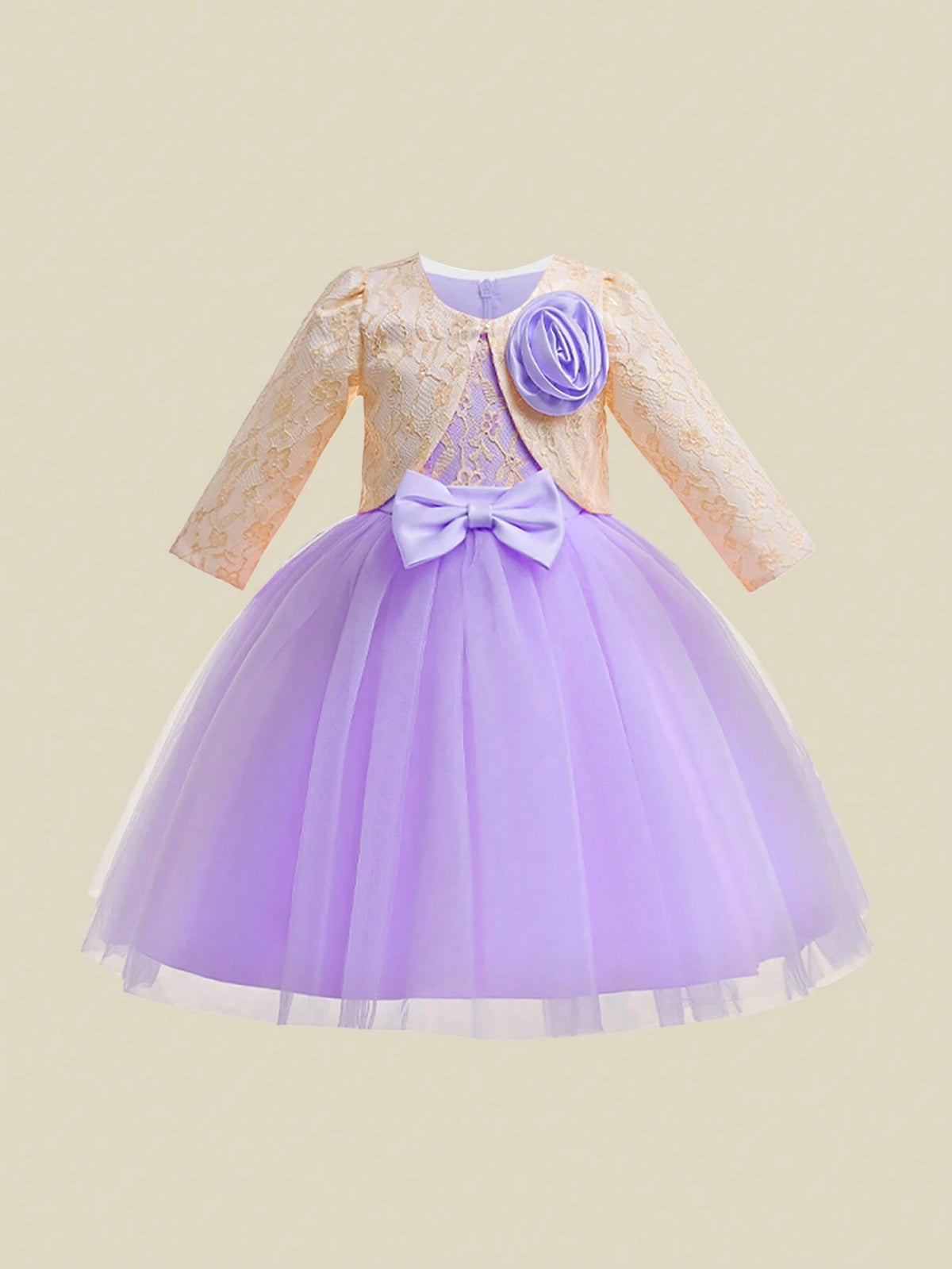 Young Girls 3D Floral Lace Mesh Tutu Dress With Bow Decor