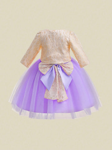 Young Girls 3D Floral Lace Mesh Tutu Dress With Bow Decor