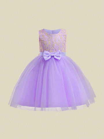 Young Girls 3D Floral Lace Mesh Tutu Dress With Bow Decor