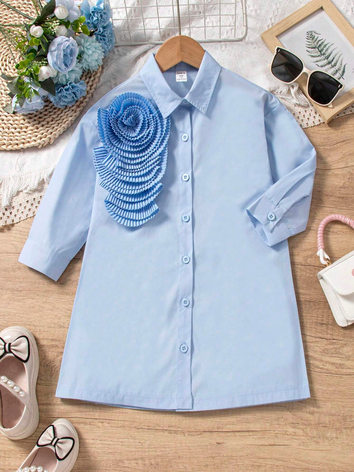 Young Girls 3D Flower Decorated Button Front Long Sleeve Casual Shirt Dress