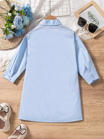 Young Girls 3D Flower Decorated Button Front Long Sleeve Casual Shirt Dress