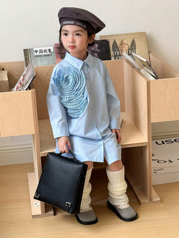 Young Girls 3D Flower Decorated Button Front Long Sleeve Casual Shirt Dress