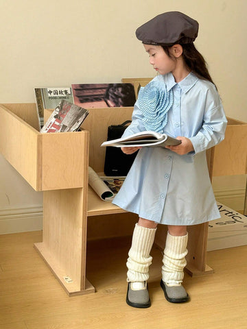 Young Girls 3D Flower Decorated Button Front Long Sleeve Casual Shirt Dress