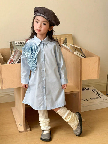 Young Girls 3D Flower Decorated Button Front Long Sleeve Casual Shirt Dress