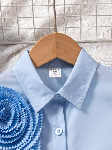 Young Girls 3D Flower Decorated Button Front Long Sleeve Casual Shirt Dress