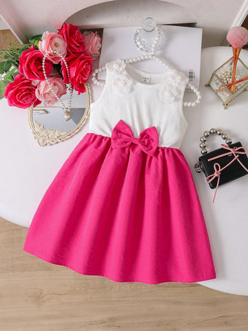Young Girls 3D Flower Patchwork Waist Dress, & Cute Outdoor Party & Social Occasion, Spring/Summer