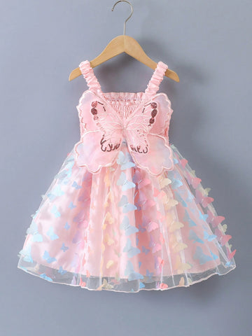 Young Girl's 3d Butterfly Decor Mesh Cami Sundress For Summer