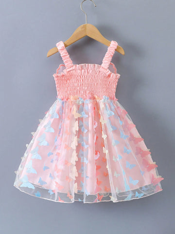 Young Girl's 3d Butterfly Decor Mesh Cami Sundress For Summer