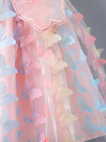 Young Girl's 3d Butterfly Decor Mesh Cami Sundress For Summer