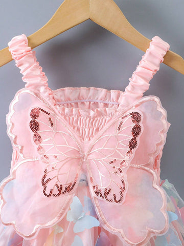 Young Girl's 3d Butterfly Decor Mesh Cami Sundress For Summer