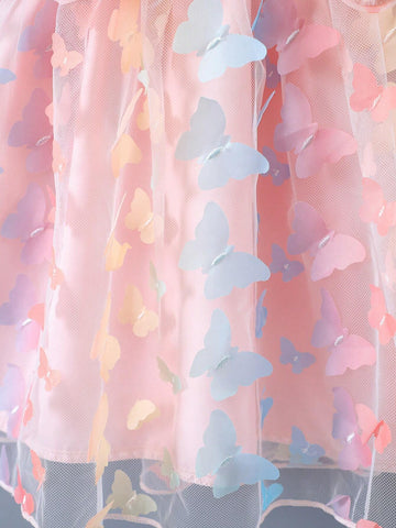 Young Girl's 3d Butterfly Decor Mesh Cami Sundress For Summer