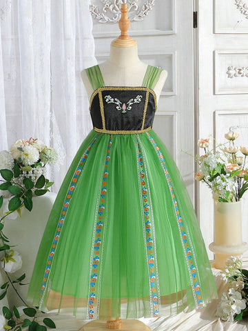 Young Girls' 3d Embroidery Patchwork Mesh Dress With Ruffle Hem For Spring And Summer