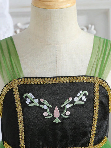 Young Girls' 3d Embroidery Patchwork Mesh Dress With Ruffle Hem For Spring And Summer