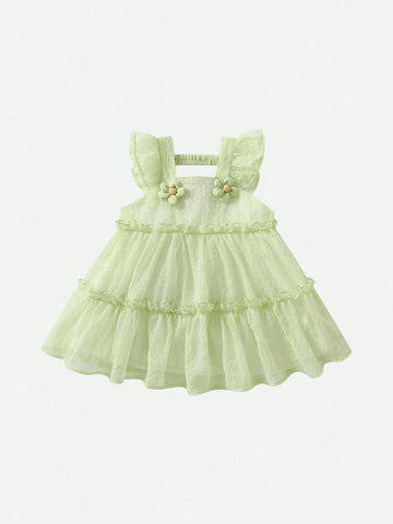 Young Girls' 3d Flower Decorated Dress With Ruffled Hem For Summer