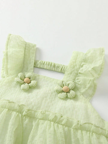 Young Girls' 3d Flower Decorated Dress With Ruffled Hem For Summer