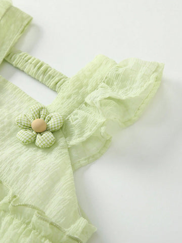 Young Girls' 3d Flower Decorated Dress With Ruffled Hem For Summer