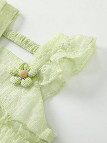 Young Girls' 3d Flower Decorated Dress With Ruffled Hem For Summer