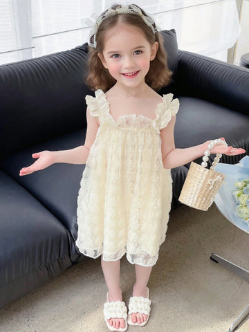 Young Girl's 3d Flower Mesh Layered Hem Spaghetti Strap Dress For Summer, Single Piece