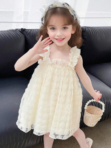 Young Girl's 3d Flower Mesh Layered Hem Spaghetti Strap Dress For Summer, Single Piece