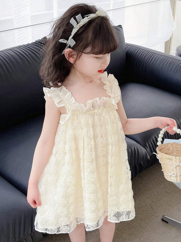 Young Girl's 3d Flower Mesh Layered Hem Spaghetti Strap Dress For Summer, Single Piece