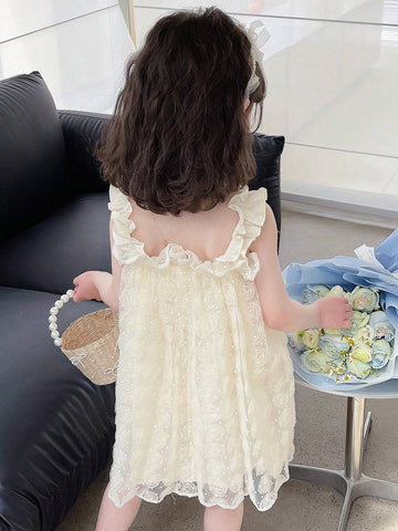 Young Girl's 3d Flower Mesh Layered Hem Spaghetti Strap Dress For Summer, Single Piece