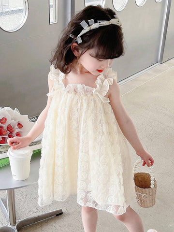 Young Girl's 3d Flower Mesh Layered Hem Spaghetti Strap Dress For Summer, Single Piece