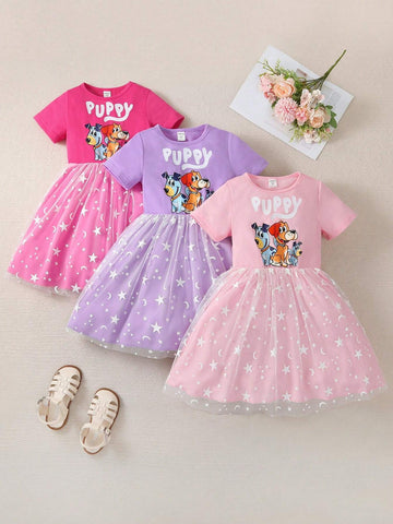 Young Girls' 3pcs Cute Dog Star & Moon Printed Mesh Dress Set, For Casual & Outing, Summer