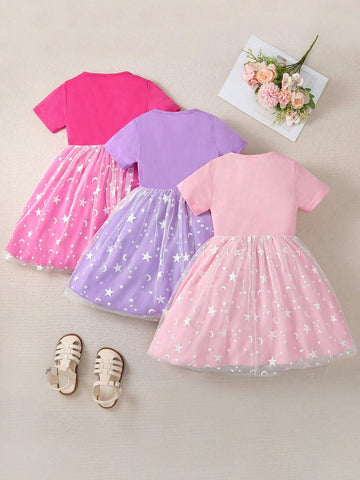 Young Girls' 3pcs Cute Dog Star & Moon Printed Mesh Dress Set, For Casual & Outing, Summer