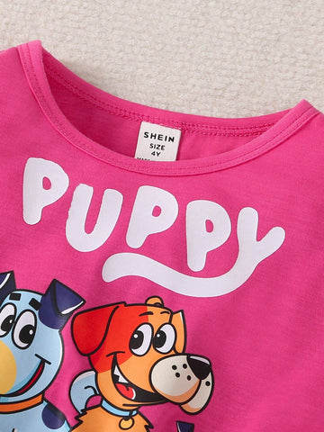 Young Girls' 3pcs Cute Dog Star & Moon Printed Mesh Dress Set, For Casual & Outing, Summer