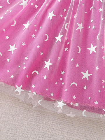 Young Girls' 3pcs Cute Dog Star & Moon Printed Mesh Dress Set, For Casual & Outing, Summer