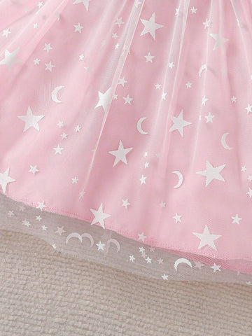 Young Girls' 3pcs Cute Dog Star & Moon Printed Mesh Dress Set, For Casual & Outing, Summer