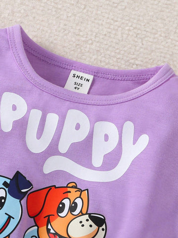 Young Girls' 3pcs Cute Dog Star & Moon Printed Mesh Dress Set, For Casual & Outing, Summer