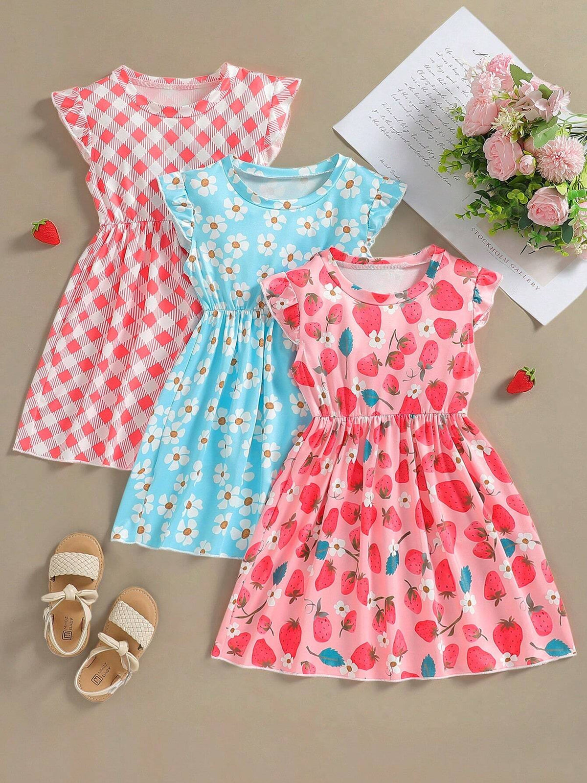Young Girl's 3pcs Fruit & Flower & Plaid Print Dress Set With Ruffle Trim Details