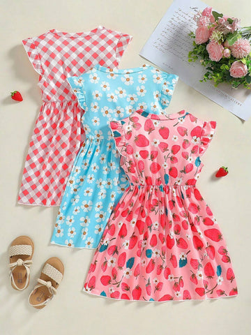 Young Girl's 3pcs Fruit & Flower & Plaid Print Dress Set With Ruffle Trim Details