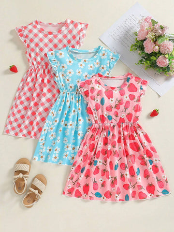 Young Girl's 3pcs Fruit & Flower & Plaid Print Dress Set With Ruffle Trim Details