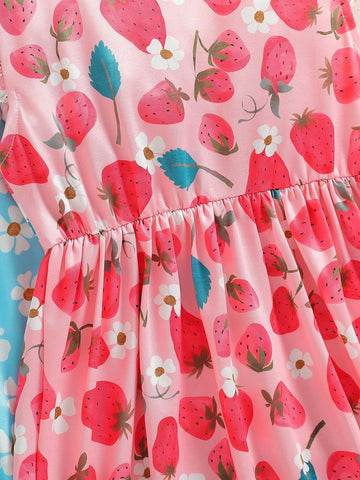 Young Girl's 3pcs Fruit & Flower & Plaid Print Dress Set With Ruffle Trim Details