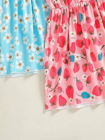 Young Girl's 3pcs Fruit & Flower & Plaid Print Dress Set With Ruffle Trim Details