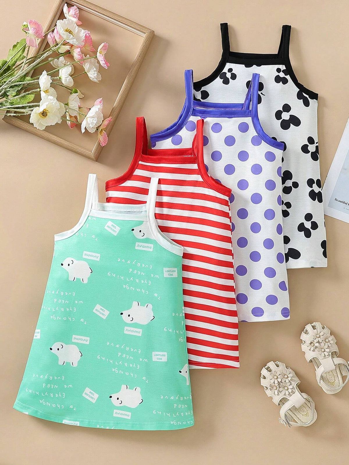 Young Girls' 4pcs/Set Cute All-Over Printed Comfortable Spaghetti Strap Dress For Summer