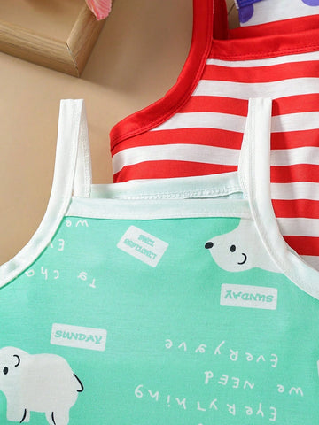 Young Girls' 4pcs/Set Cute All-Over Printed Comfortable Spaghetti Strap Dress For Summer