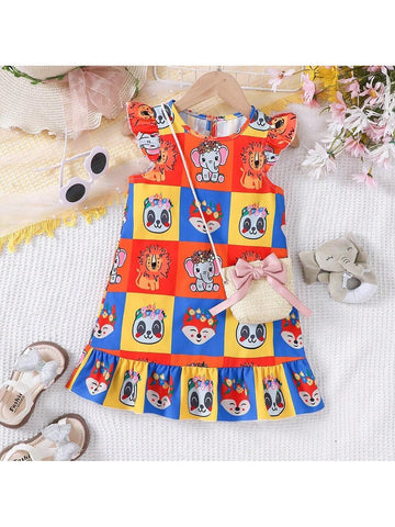 Young Girls' Adorable Cartoon Animal Print Sleeveless A-Line Dress With Braided Bag For Summer