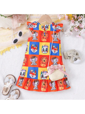 Young Girls' Adorable Cartoon Animal Print Sleeveless A-Line Dress With Braided Bag For Summer