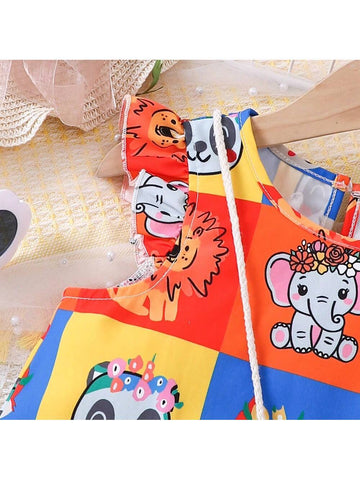 Young Girls' Adorable Cartoon Animal Print Sleeveless A-Line Dress With Braided Bag For Summer