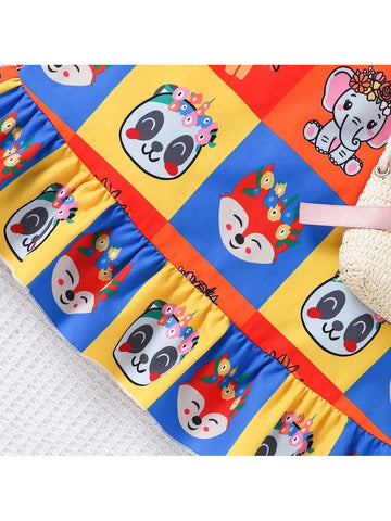 Young Girls' Adorable Cartoon Animal Print Sleeveless A-Line Dress With Braided Bag For Summer