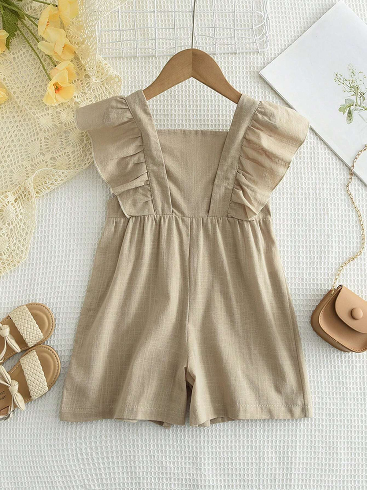 Young Girl's Adorable Cotton Sleeveless Romper Shorts With Ruffle Hem