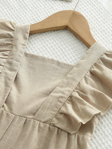 Young Girl's Adorable Cotton Sleeveless Romper Shorts With Ruffle Hem