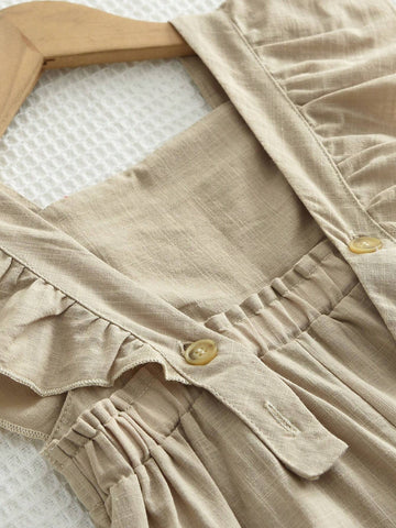 Young Girl's Adorable Cotton Sleeveless Romper Shorts With Ruffle Hem