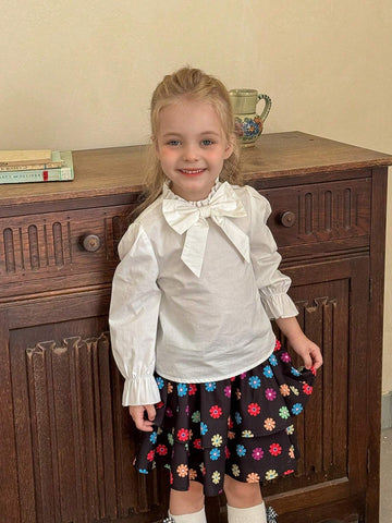 Young Girl's And Toddler Girl White Casual Detachable Bow Blouses Girls Autumn Clothes For Casual Everyday Wear